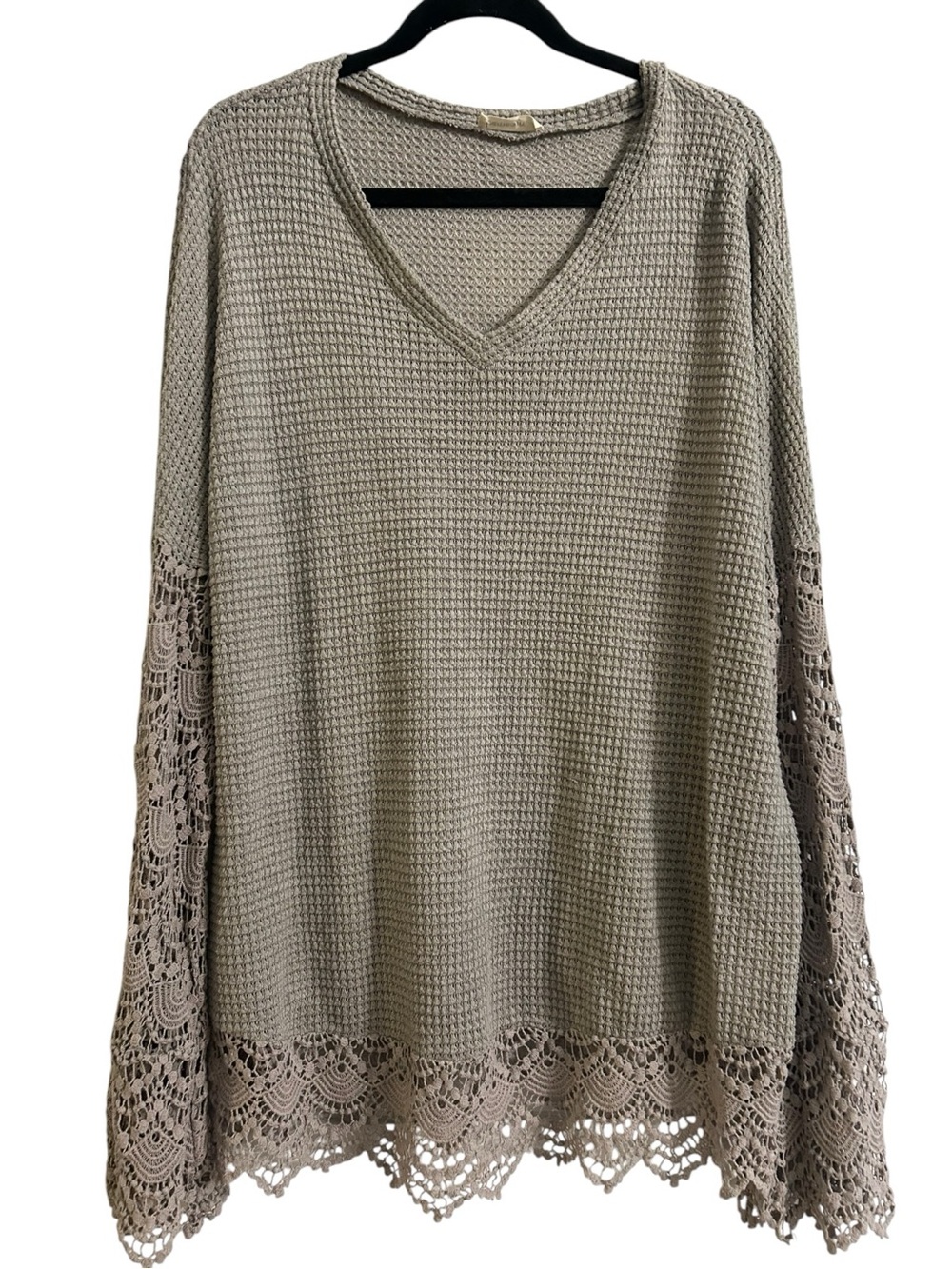 ANDTHEWHY Taupe Waffle Knit Lace Trim Long Sleeve Top V-Neck Oversized Small